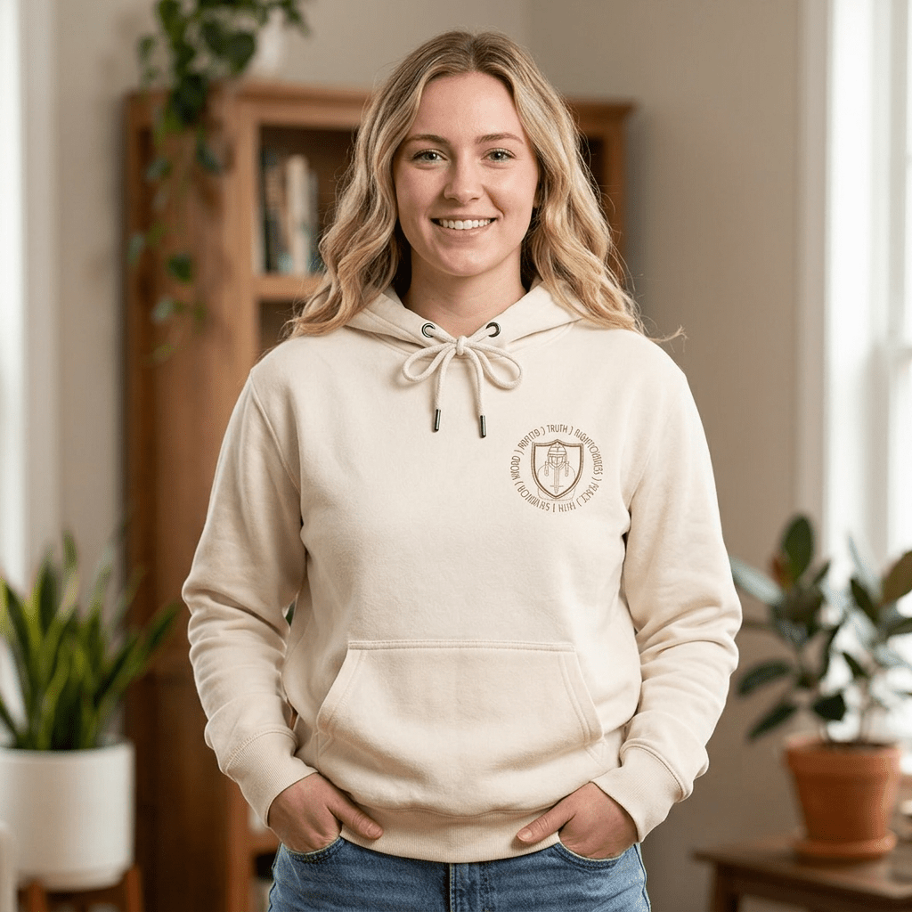 The Armor Embroidered Unisex Hoodie Hoodie Printify Sandshell S 