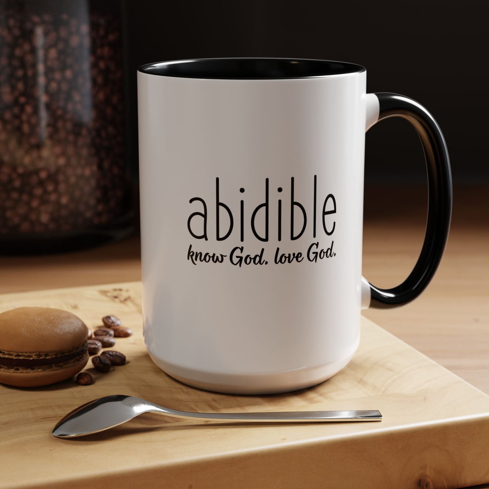 Abidible Ceramic Coffee Mug — "Know God, Love God" Inspirational Accent Mug (15 oz) Mug Printify 15oz Black 