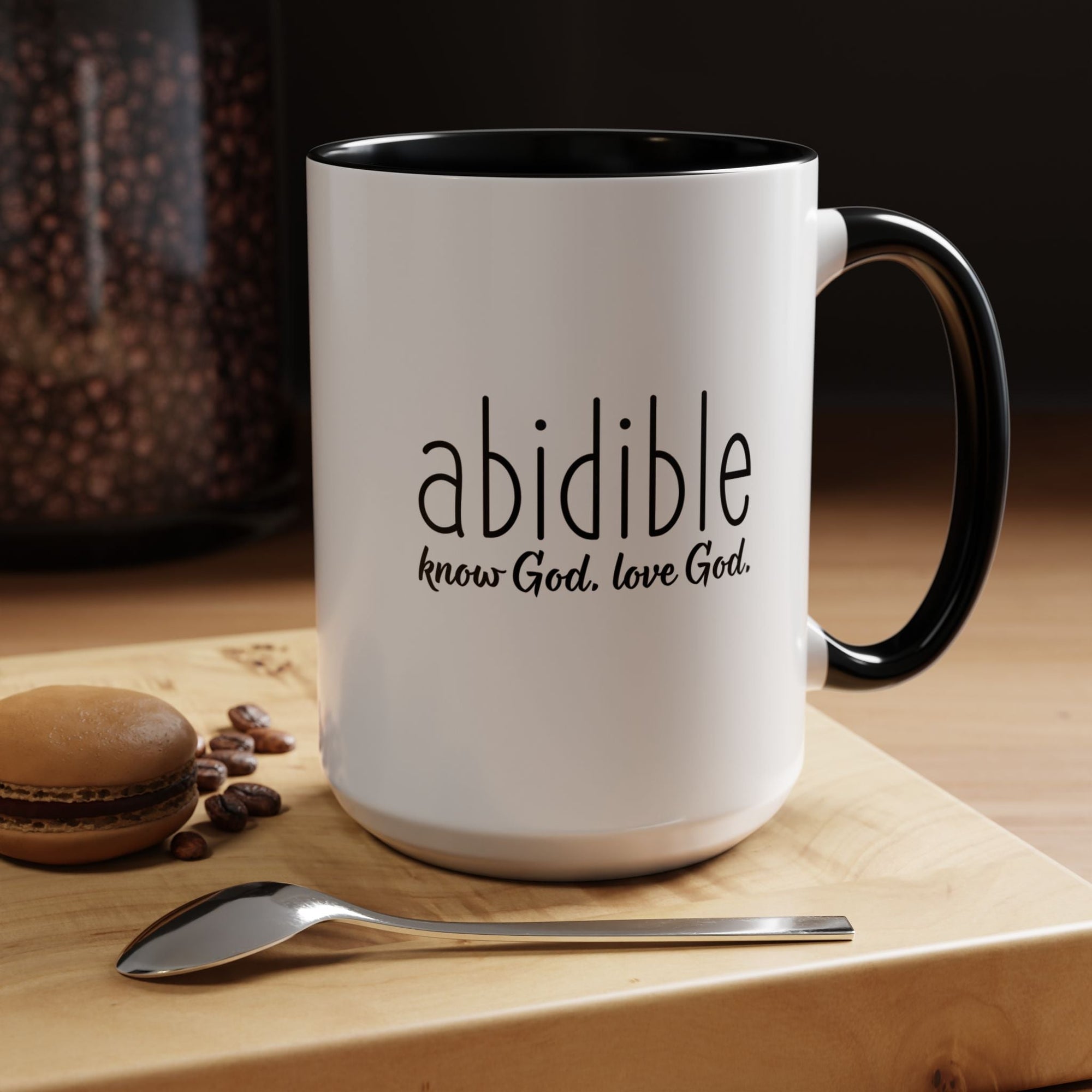 Abidible Ceramic Coffee Mug — "Know God, Love God" Inspirational Accent Mug (15 oz) Mug Printify 15oz Black 